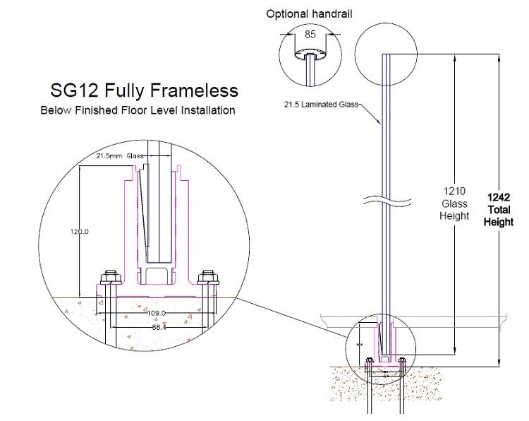 SG12 frameless glass balustrade section BFFL