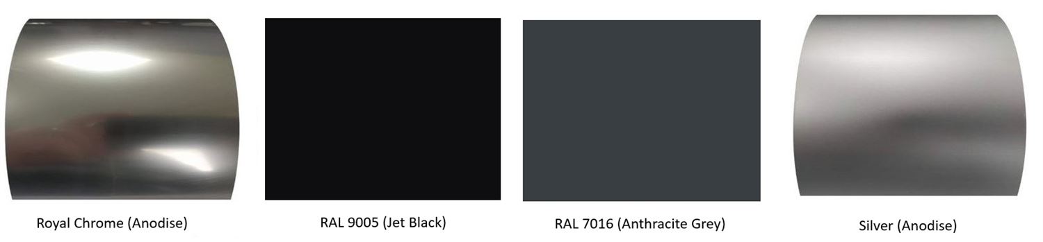 Handrail colour options - Royal Chrome (Anodise) , Silver (Anodise), RAL 7016 (Anthracite Grey) – powder coating, and RAL 9005 (Jet Black) – powder coating.