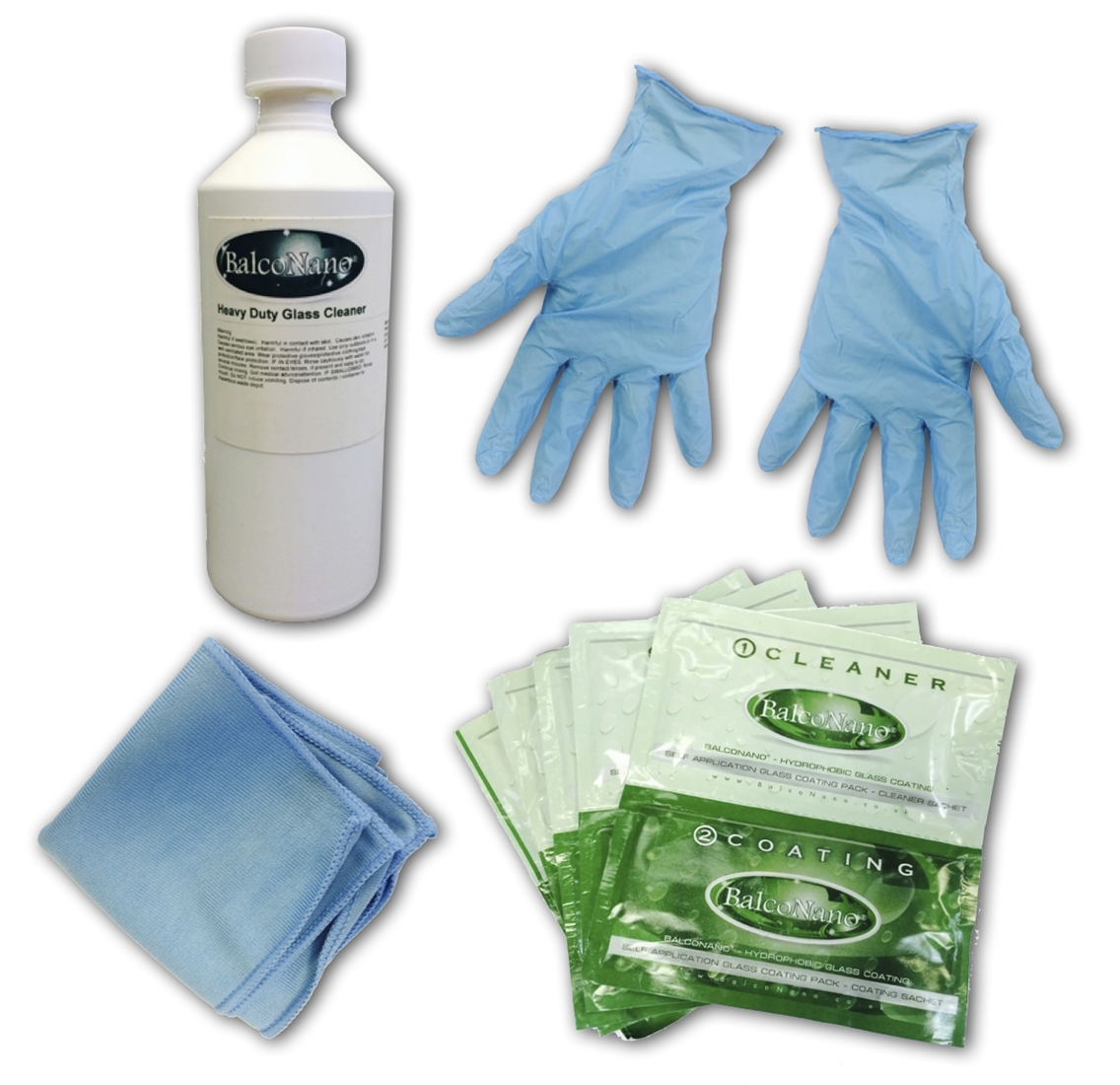 Glass Restoration Kit including Heavy Duty Cleaner, Nitrile Gloves, Microfibre Cloth and Self-Cleaning Coating Sachets